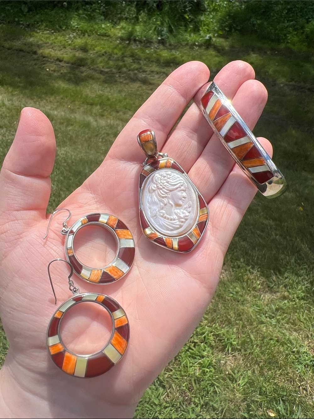 Sajen Gemstone Inlay Sterling Silver Jewelry Set Cameo Pendant Earrings Bracelet